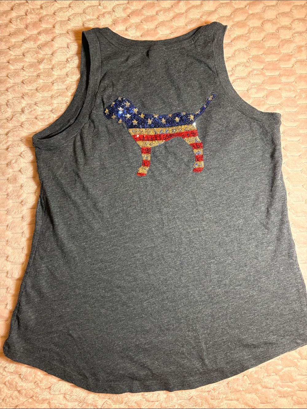 Women's Pink Victoria Secret Tank Top with American Flag Dog Graphic